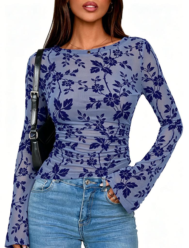 Women Slim Fit Flocked Floral Mesh Long Sleeve Crew Neck Pullover T Shirt