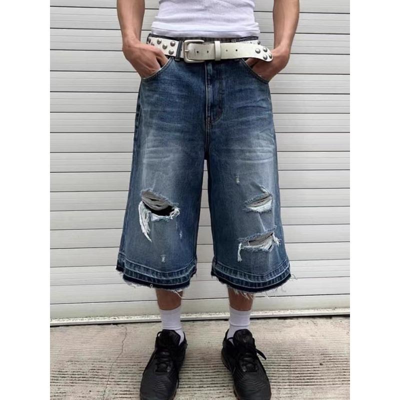 FlowStreet Washed Blue Destroyed Denim Seven-Eighths Shorts