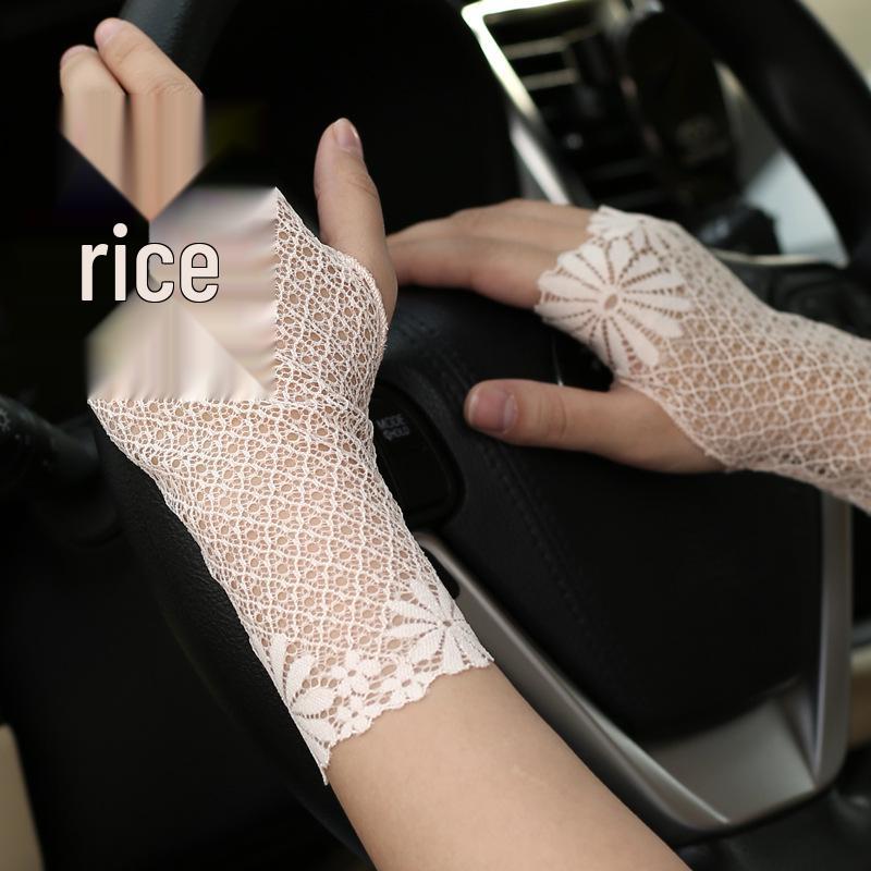 Summer Women's Black Lace Fingerless Gloves - Elastic, Short, Sun Protection, Decorative Half-Finger Design for Driving and Dance.