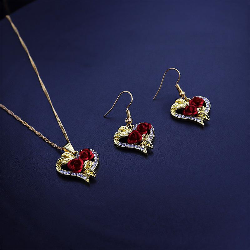 Heart-Shaped Rose Earrings & Necklace Set - Women's European & American Fashion Jewelry