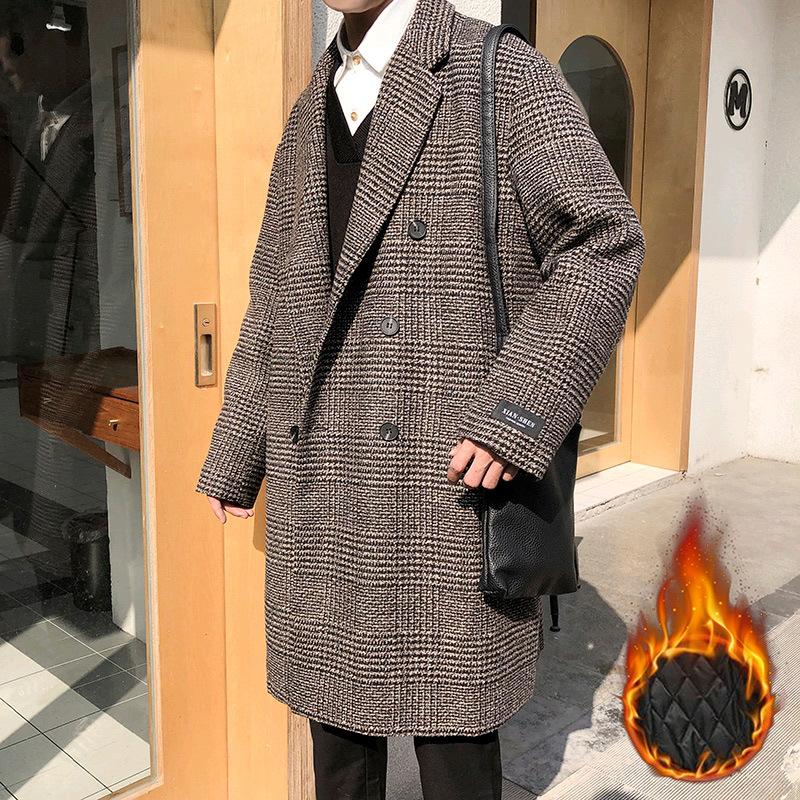 Herren Trendiger Doppelreiher Woll-Plaid Trenchcoat - Herbst/Winter Koreanischer Hong Kong Stil, Übergröße verfügbar