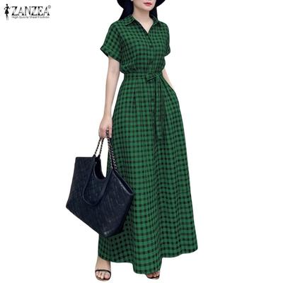 Damen Umlegekragen Lässig Kurzarm Karoprint Kleid