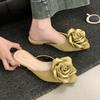 Satin Flower Square Toe Women Slippers 2025 Fashion Luxury Designer Backless Low Heel Sweet  Women Mule Shoes Zapatos De Mujer