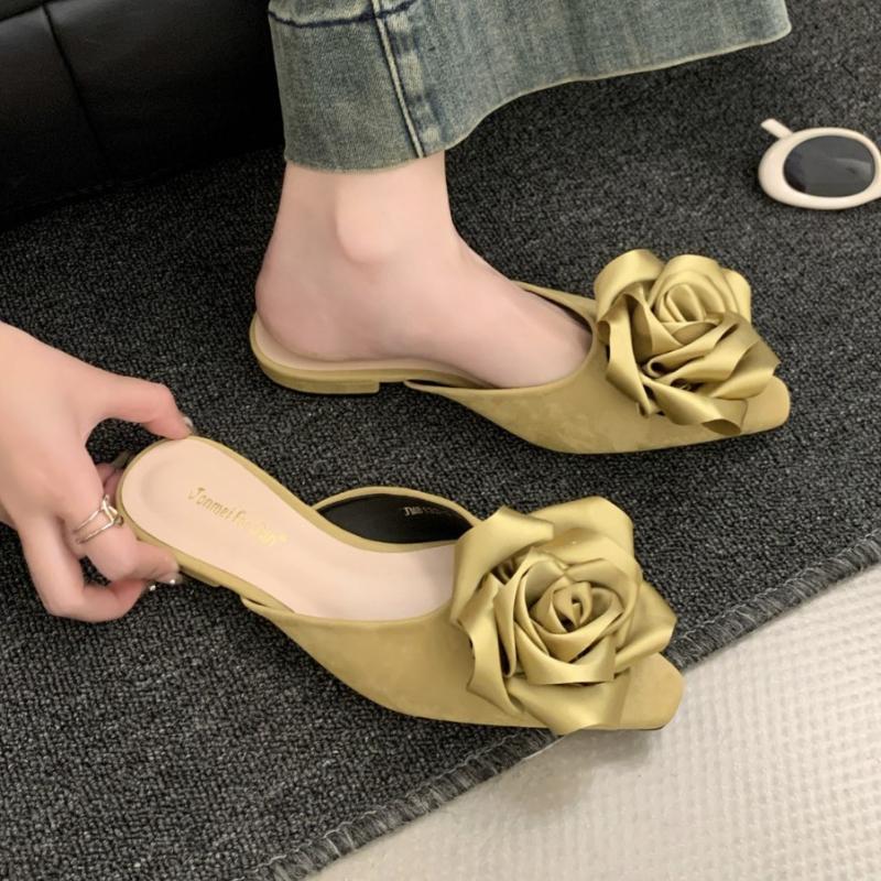 Satin Flower Square Toe Women Slippers 2025 Fashion Luxury Designer Backless Low Heel Sweet Women Mule Shoes Zapatos De Mujer