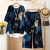 Women Plus Size Dark Blue Printed Two Piece Set Round Neck Half Sleeve High Low Top Wide Leg Pants