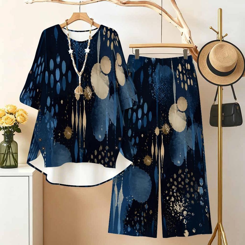 Women Plus Size Dark Blue Printed Two Piece Set Round Neck Half Sleeve High Low Top Wide Leg Pants