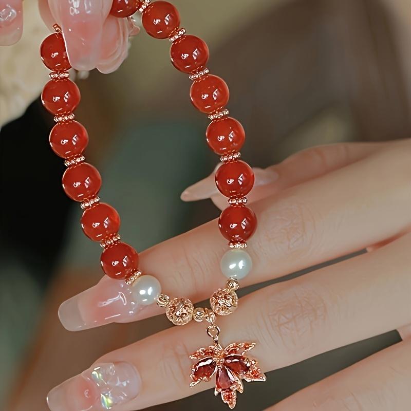1pc Maple Leaf Pendant Bracelet Red All-Match Bracelet, Elegant Maple Leaf and Red Bead Bracelet with Pearls - Fashion