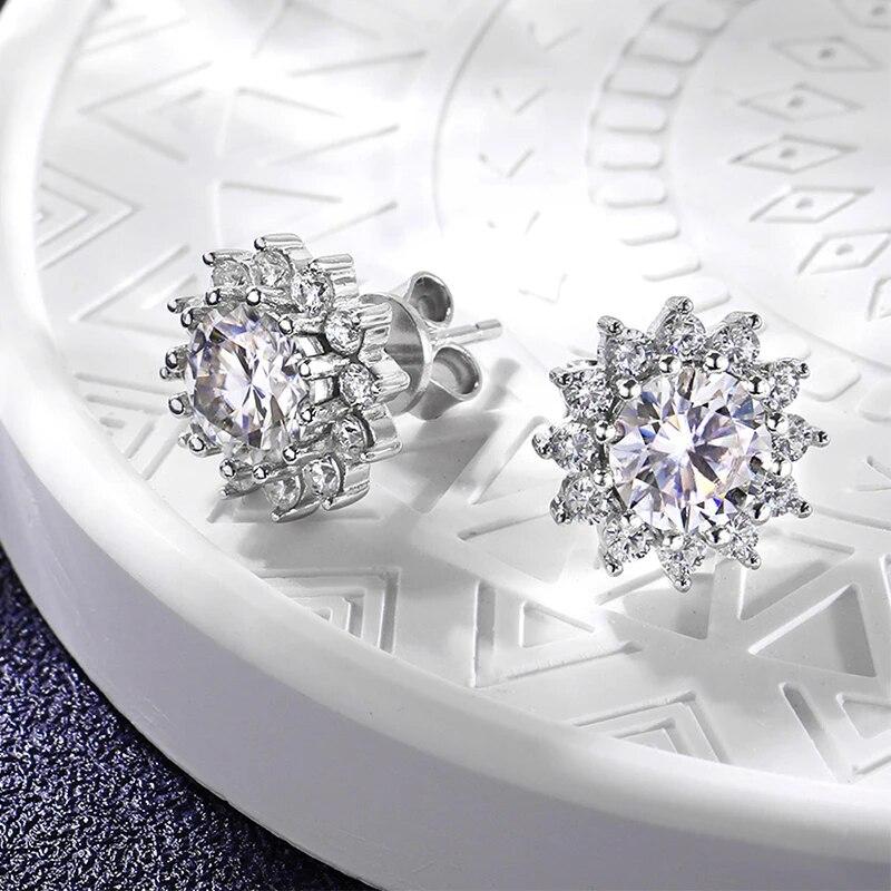 D Color 1ct Certified Moissanite Stud Earrings for Women Sun Flower Wedding Jewelry Brilliant Halo Simulated Diamond Stud