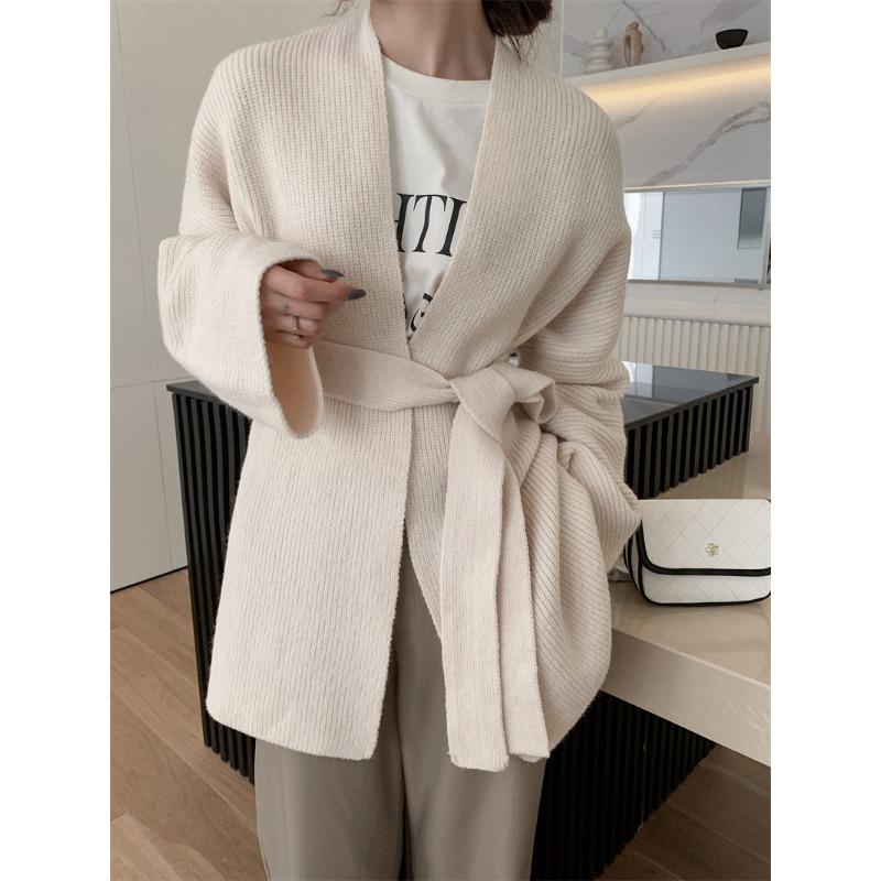 

Temperament Lazy wind lace-up knitted cardigan women s autumn and winter new loose medium and long sweater jacket women average size