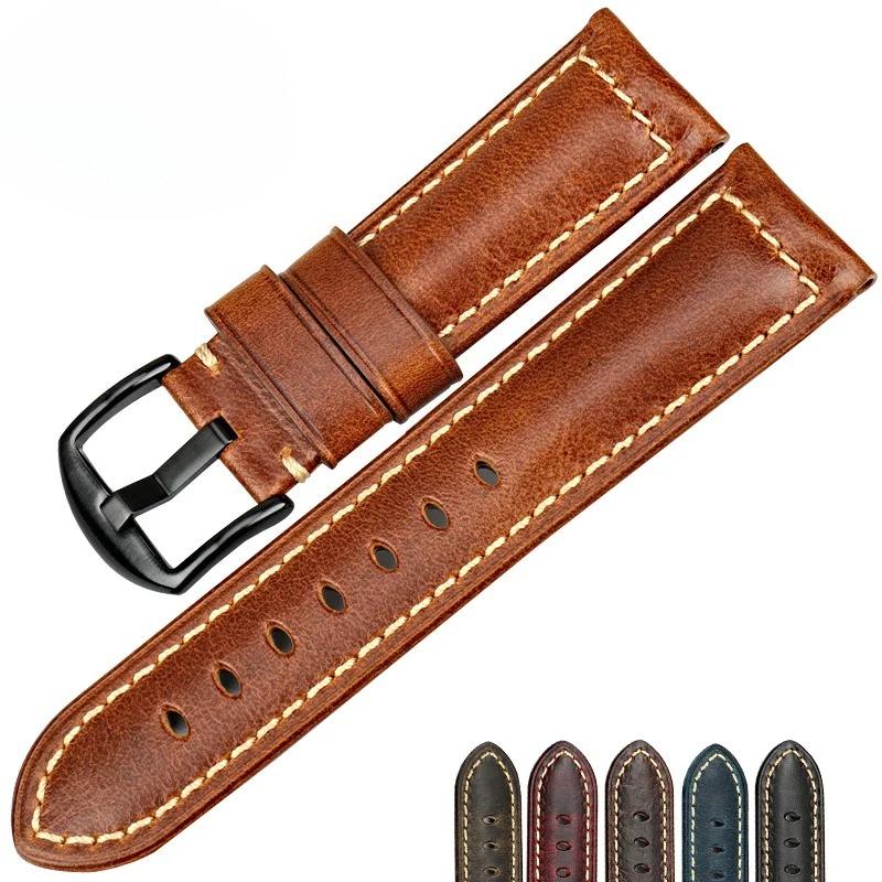 Handmade Watchband Blue 20mm 22mm 24mm with Black Buckle Vintage Oil Wax Leather Watch Strap for Fossil Watch Band