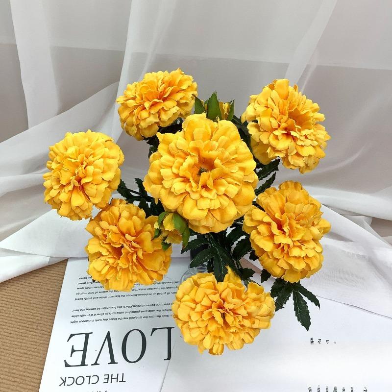 Vintage Artificial Marigold Flowers Faux Calendula Bouquet Simple Retro for Living Room Home Decor Vase Centerpiece Kit