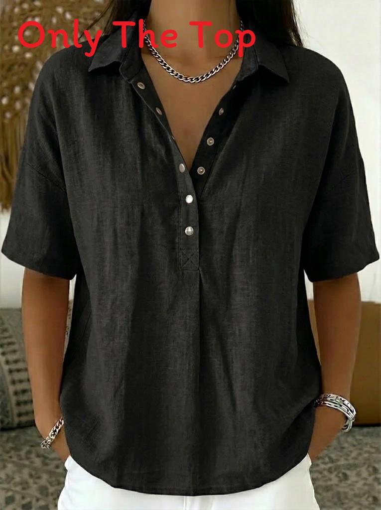 Casual Linen Shirt For Women With Turndown Collar And Short Sleeves For Summer Comfort
