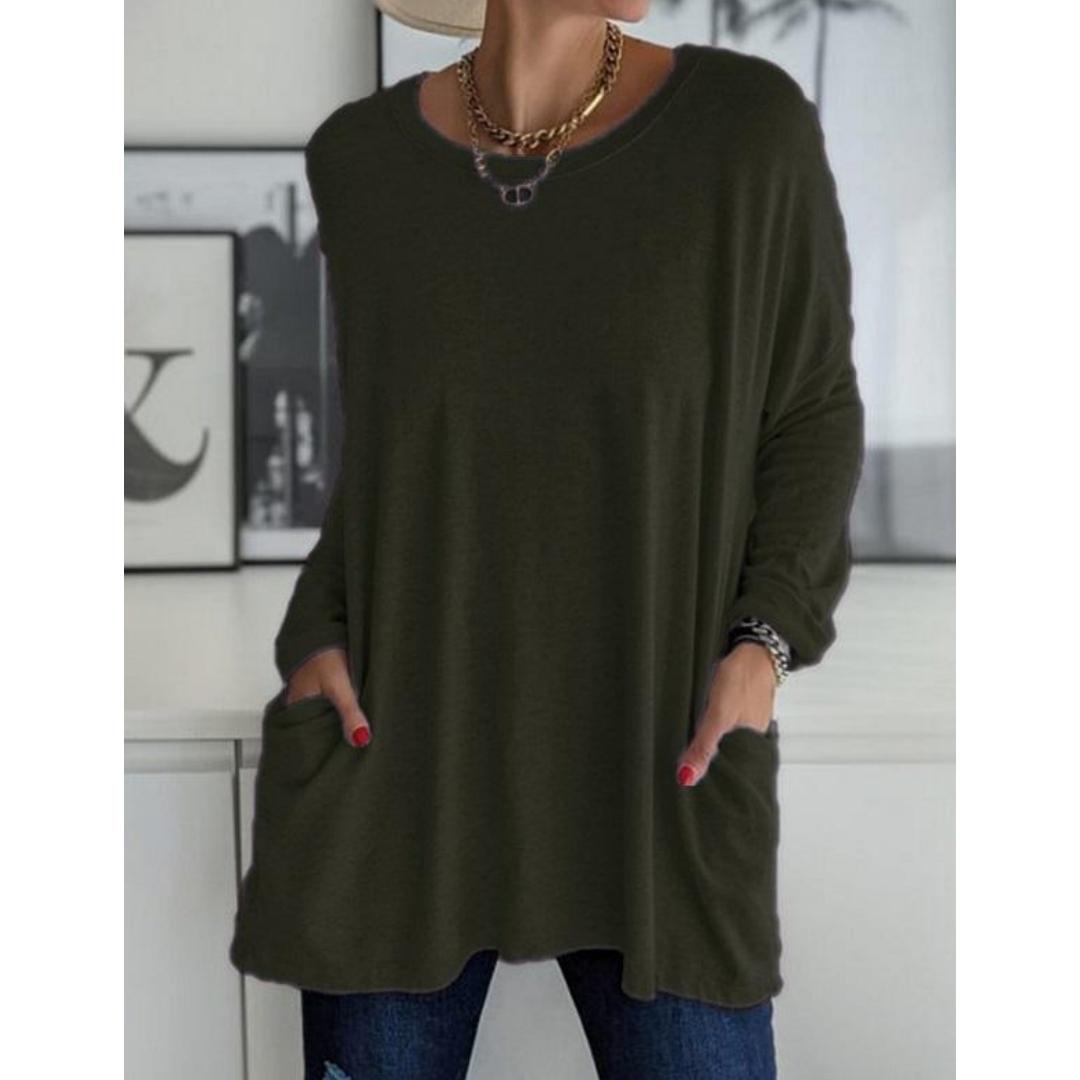 

Женская повседневная весенне-летняя туника с карманами, топ с круглым вырезом, рубашка с длинными рукавами, модная свободная однотонная футболка большого размера 5XL армия зеленый