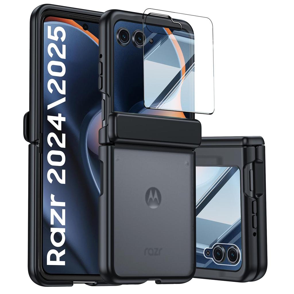 For Motorola Razr 50/60 Case, Hinge Protection, Built-in Screen Protector, Wireless Charging, Shockproof, Slim Rugged Protective Phone Case-Black