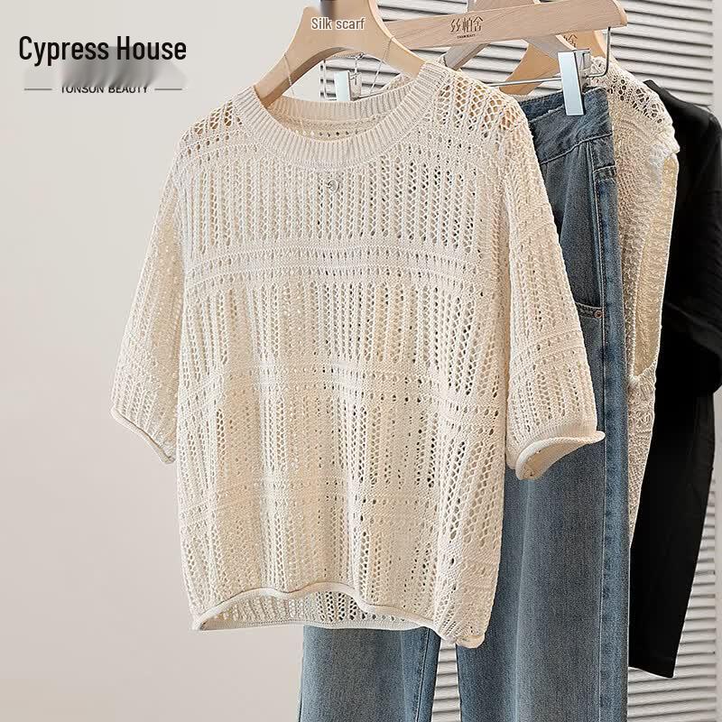 Women s Round Neck Hollow Knit Short-Sleeve Top One Size