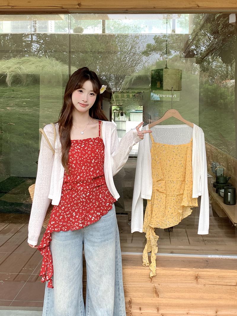 2026 Summer Plus Size Floral Print Korean Camisole & Sun Protection Cardigan Set for Women 4XL