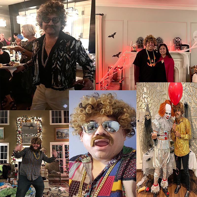 1 Set Men'S Black Short Curly Synthetic Cosplay Wig Gold Brown 70S 80S Disco Mustache Gold Chain Halloween Costume Party Wig