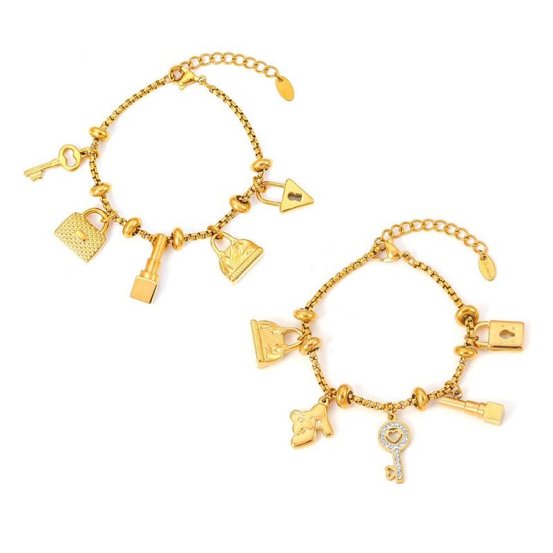 Vintage-Inspired Rhinestone Pendant Charm Bracelet Women 18K Gold Plated Titanium Steel Hypoallergenic Fade-Resistant