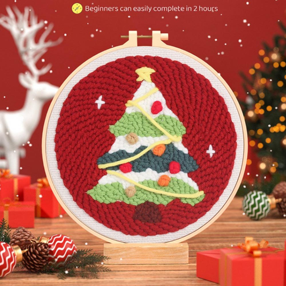 Cotton Embroidered Fabric Punch Needle Embroidery Kit Christmas Collection Easy DIY Play Punch Needle Kits with Embroidery Hoop
