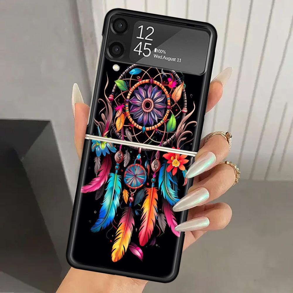 Retro Feather Dreamcatcher Hard PC Phone Case For Samsung Galaxy Z Flip 6 5 4 3 Black Cover ZFlip6 Flip5 Flip4 5G Foldable Print