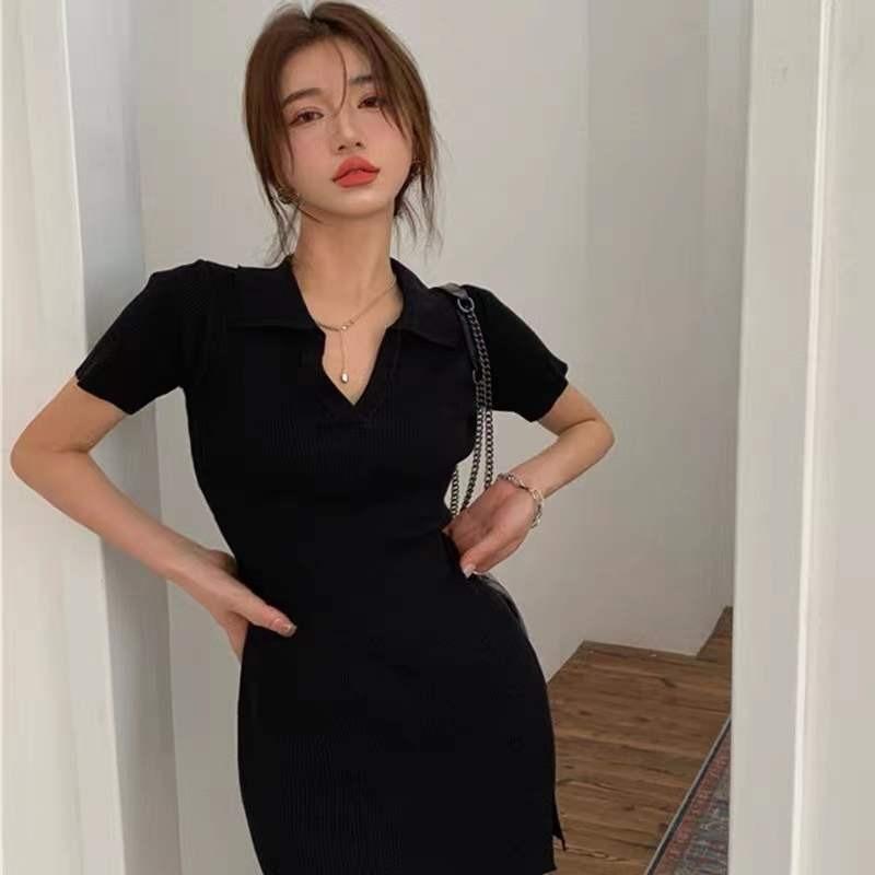 Spice girl pure desire style sexy black slim fit and thin temperament hip-wrapped small v-neck split dress summer skirt
