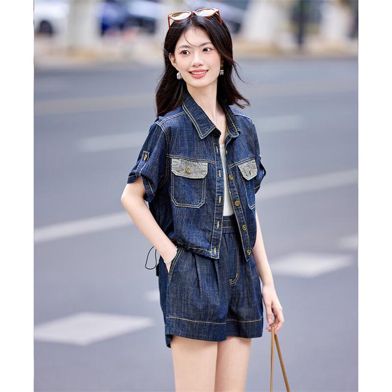 Women's Retro Denim Short Sleeve Cardigan & Shorts Set