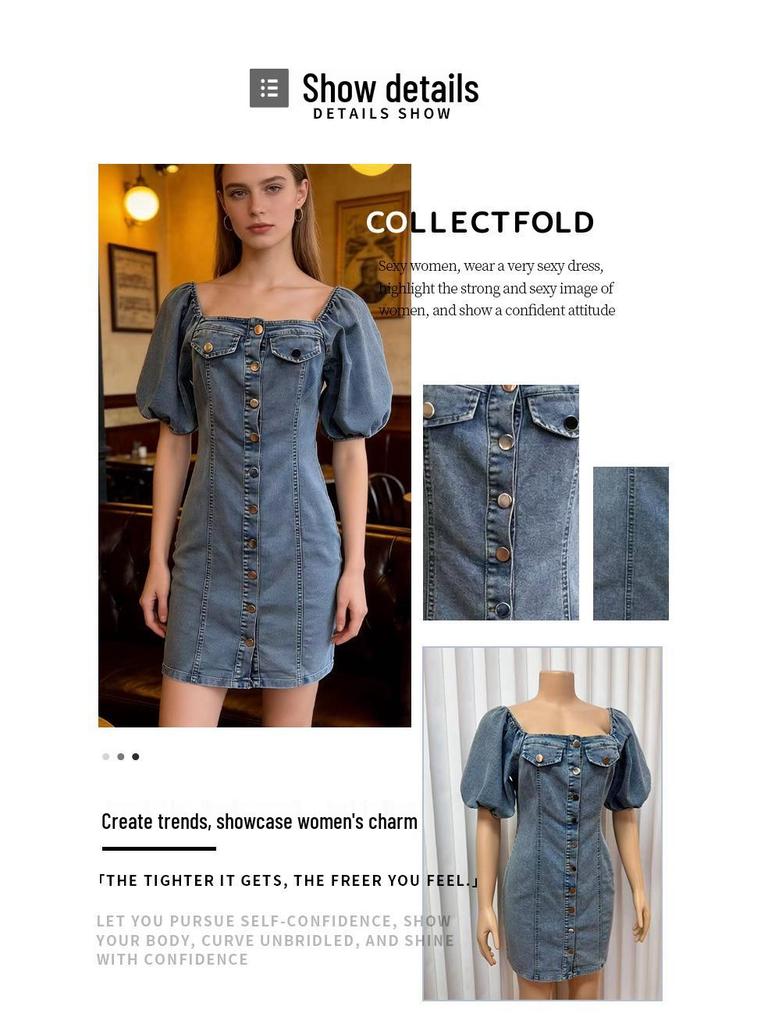 2026 Fashionable Denim Mini Skirt Dress with Square Neck & Cinched Waist