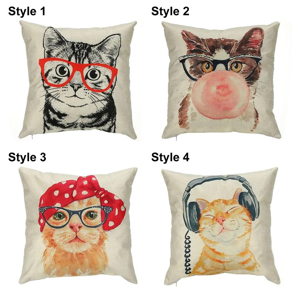 Cute Cat Cushion Cover Pet Animal Print Pillowcase Home Decor Car Bed Pillow 45x45cm