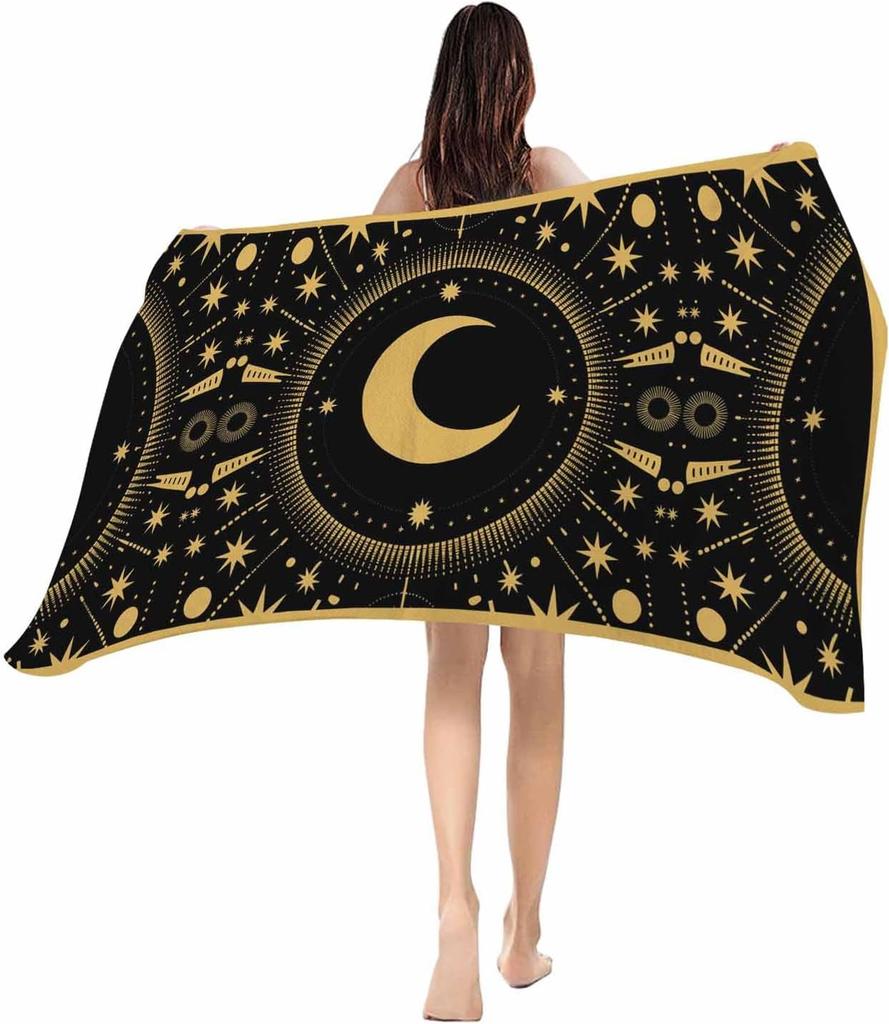 Beach Towel Stars Moon Bath Pool Towels Green Geometric Gorgeous Starry Night Soft Absorbent Beach Towel Lightweight Large Quick