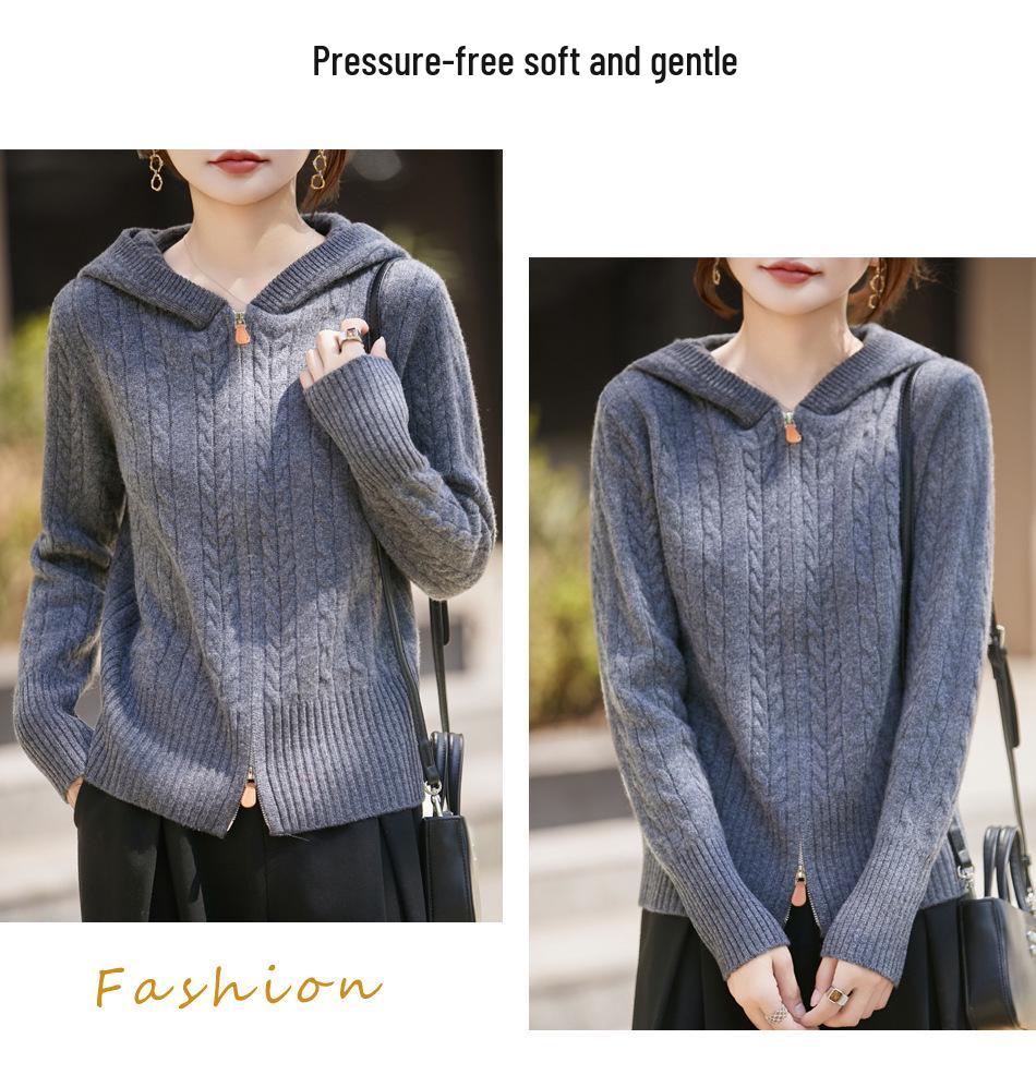 2025 Thickened Jacquard Knit Hooded Wool Cardigan: Women's Cable Knit Short Hoodie, Solid Color