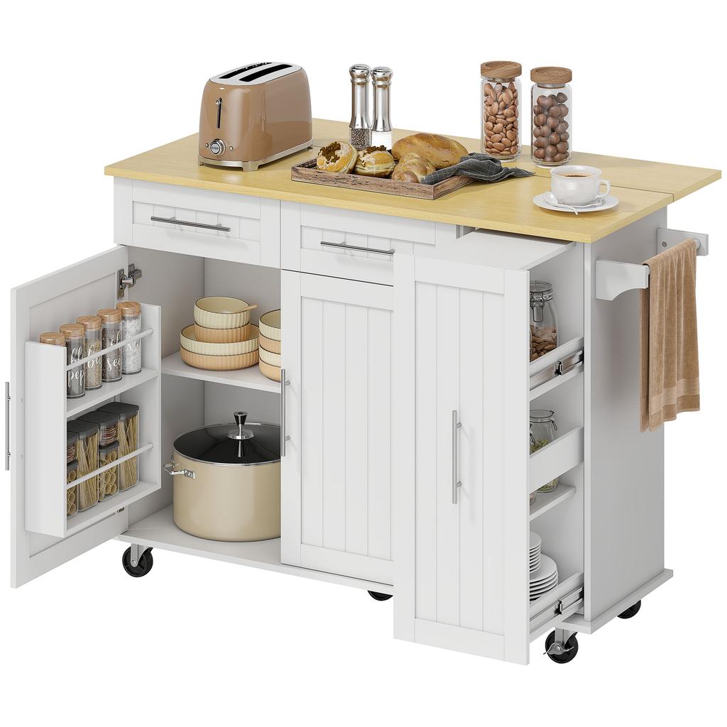 Isola Cucina Mobile, Piano Espandibile, Ante di Armadietto, Cassetti, Portasciugamani, Carrello da Cucina in MDF, Bianco