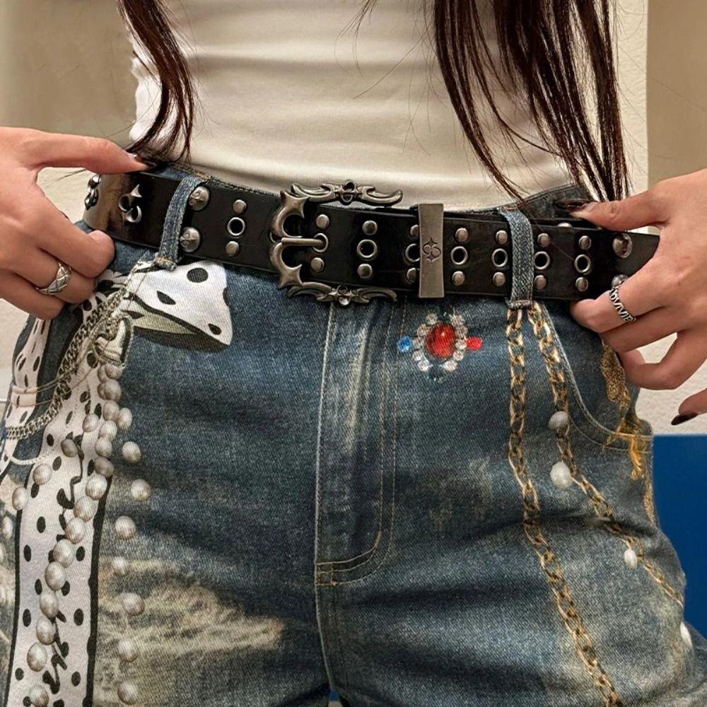 Carved Buckle Rivet Belt Spicy Girl Men Belt Trend Y2K Belt Jeans Accessories