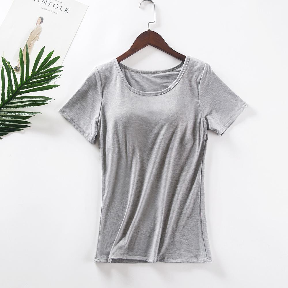 Women's Modal Short-Sleeve T-Shirt with Built-In Bra Cups, Solid Color, Ideal for Yoga, Home, or as a Base Layer Sports Top. No Separate Bra Needed.