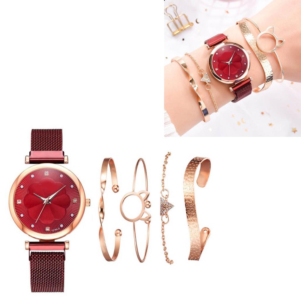 5pcs Bangle Watch Set Quartz Alloy Elegent High Glossy Daily Accessories Jewelry Set with Storage