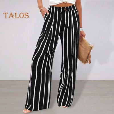 Women Trousers Button Zipper Fly High Waist Long Pants Striped Print Straight Wide Leg Long Trousers