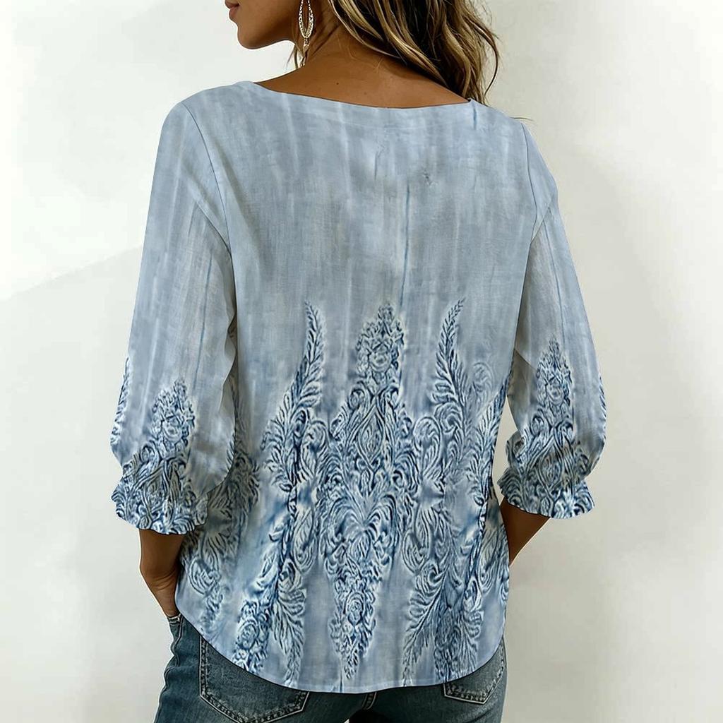 Women Square Neck Blouse Teal Leopard Floral Patchwork Print Ruffle Three Quarter Sleeve Shirt