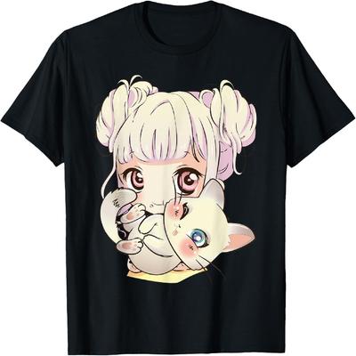 T-shirt Graphique Manga kawaii Mignon Anime et Amoureux des Chats Otaku