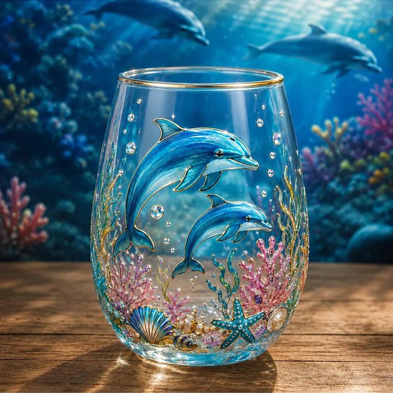 Vintage Painted Animal & Floral Gold Rim Glass Tumbler, Egg-shaped Lead-Free Glass Cup, Creative Gift Cup for Whiskey, Juice and Water