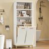 65×32×170 cm, Bathroom Cabinet made of MDF, 3 Open Shelves, Adjustable Shelves, 2 Tilt-Out Laundry Bins, Fluted Lacquered Doors, Gold Handles, White.