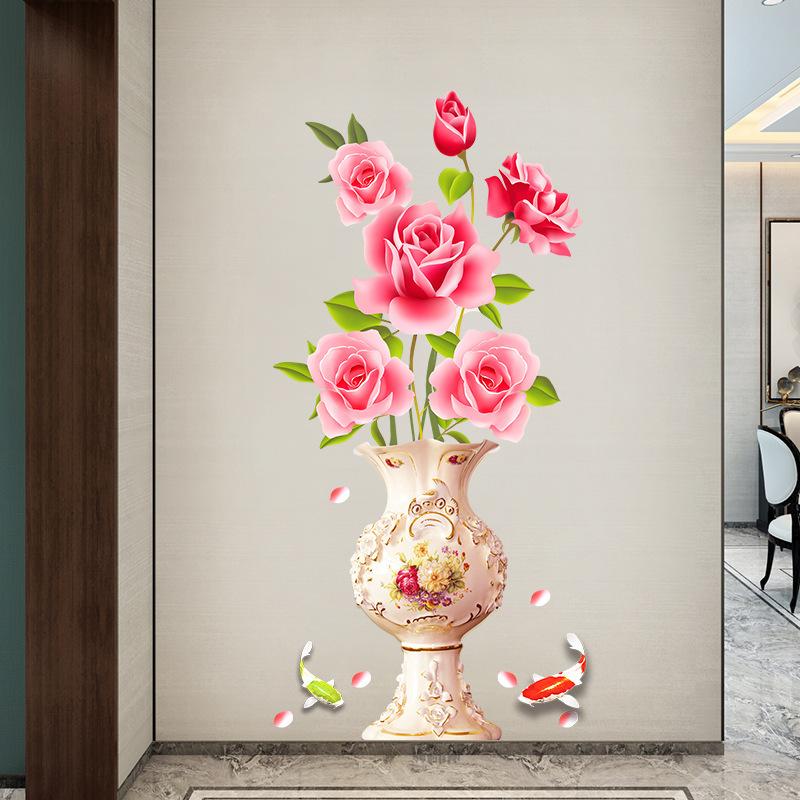 Chinese Style Peony Flower Vase Wall Sticker for Bedroom Living Room Self Adhesive Vinyl Wall Art Removable TV Background Decoration Home Decor