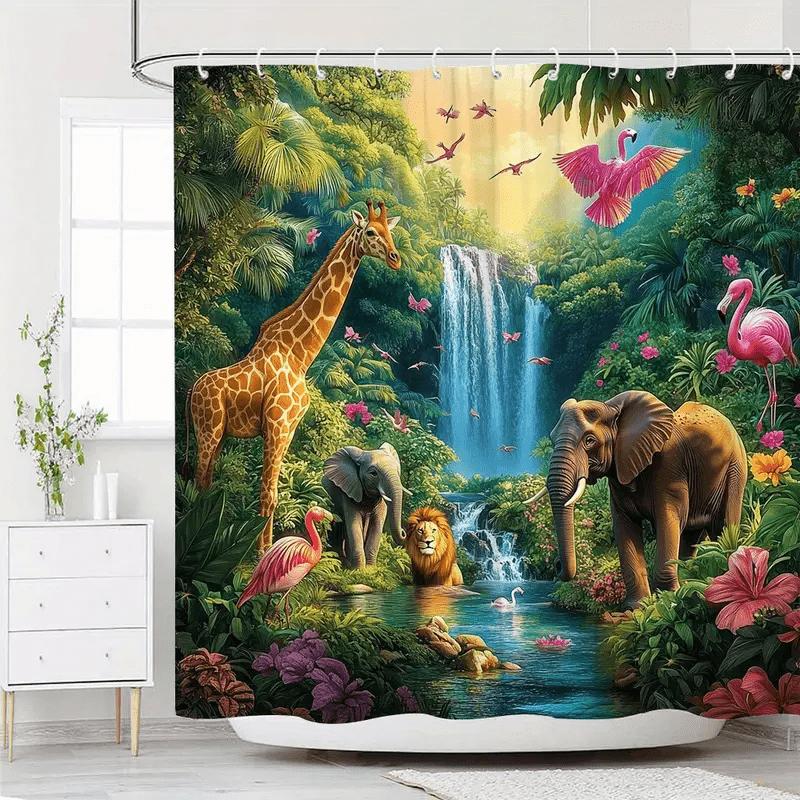 Vibrant Tropical Jungle Safari Animal Print Shower Curtain Waterproof Rainforest Wildlife Bathroom Decor Curtain Liner