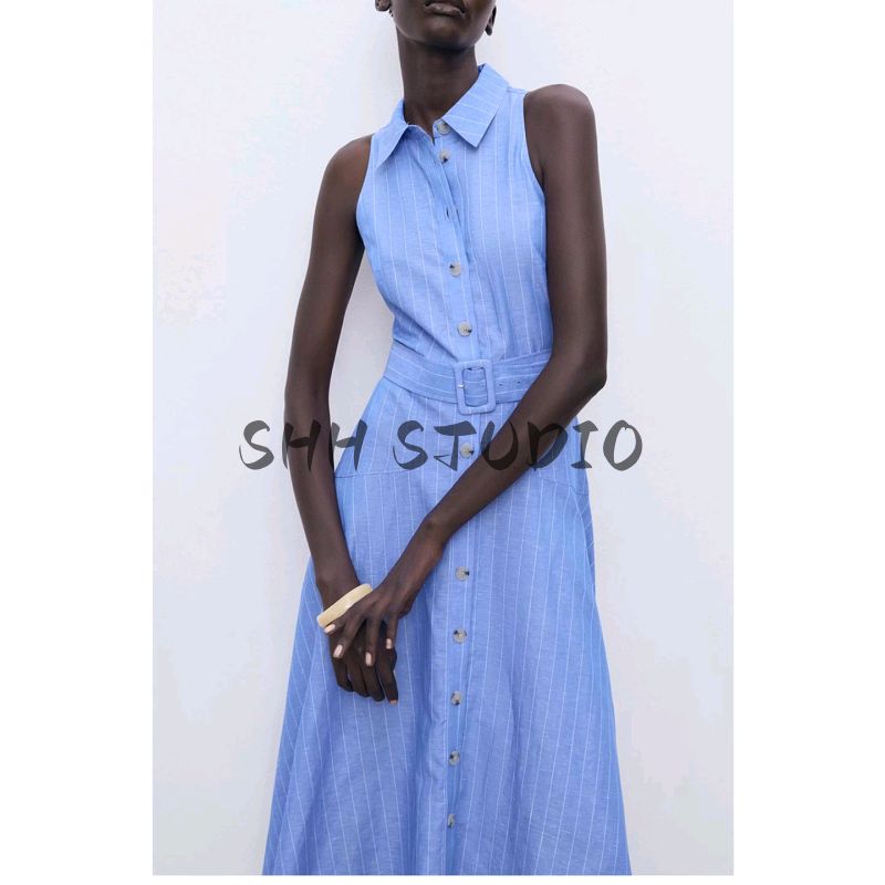 Autumn New Product Women Clothes Minimalist Style Lapel Sleeveless Linen Blend Commuting Shirts Dress 17062908