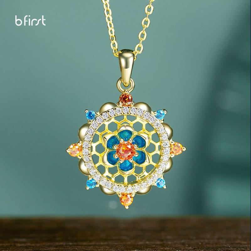 

Bfirst Dunhuang Lotus Pattern 925 Sterling Silver Necklace with Colored Gemstone Zircon - New Chinese Style Jewelry for Women 925 Silver