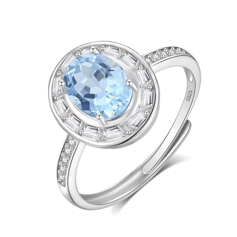 Classic S925 Sterling Silver Ring, Oval Natural Crystal & CZ Adjustable Band for Ladies