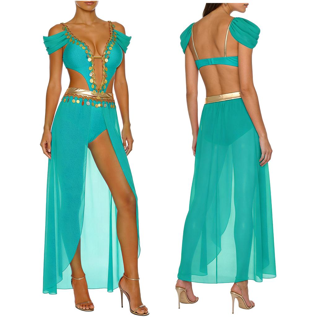 Ladies India Dance Costume S-3XL Sequin Tassel Bodysuit Dress V Neck Cutout Open Front Chiffon Hem with Built-in Shorts for Belly Dance