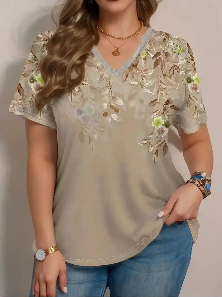 

Женская футболка с V-образным вырезом, напечатанная на 3D-принтере, с цветочным узором, универсальная, летняя, свежая, женская футболка, дышащая, машинная стирка, уличный топ 5XL хаки