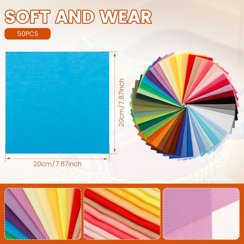 50 ks Barevné bavlněné látky čtverce patchwork scrap svazky pro DIY řemesla prošívání a šití víceúčelové bavlněné látkové čtverce