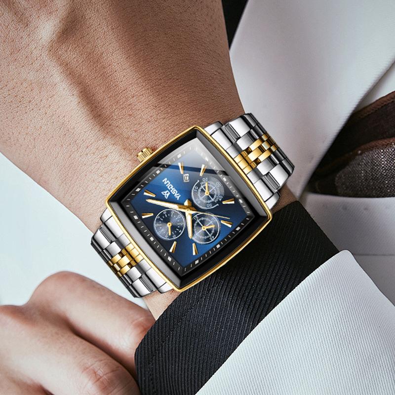 Orologio da uomo quadrato di marca nuova, lusso leggero, elegante, casual da lavoro, cinturino in acciaio, luminoso, impermeabile, da polso
