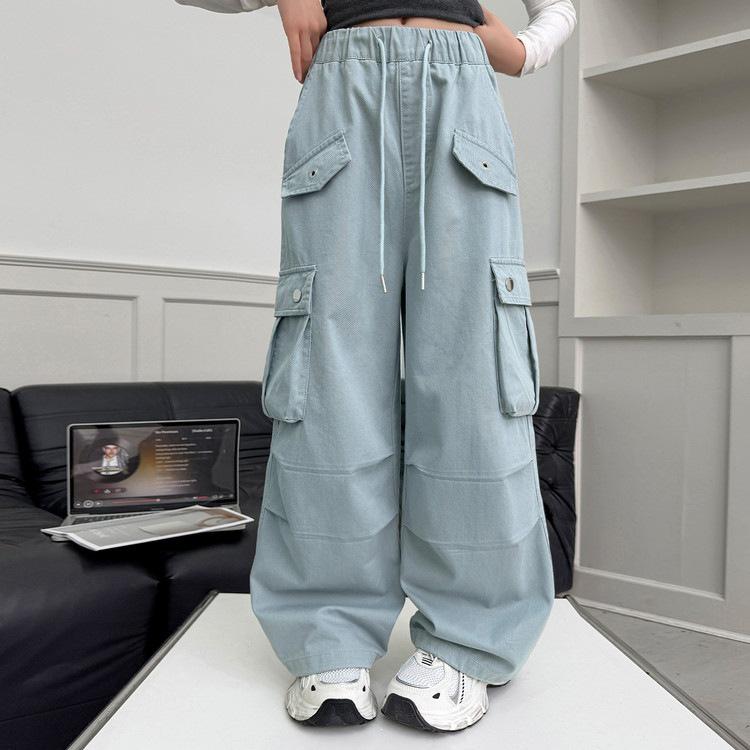 Girls' Wide-Leg Cotton Work Pants with Big Pockets - Autumn 2026 Style for Medium to Large Children, Casual Straight-Leg Long Pants