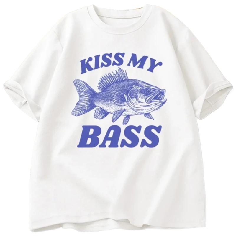 Retro Angel T-Shirt Kiss My Bass Tee Lustiges Damen Papa Opa Angel T-Shirt Outdoor-Mensch Humor Top Angler Geschenk Kleidung T-Shirt